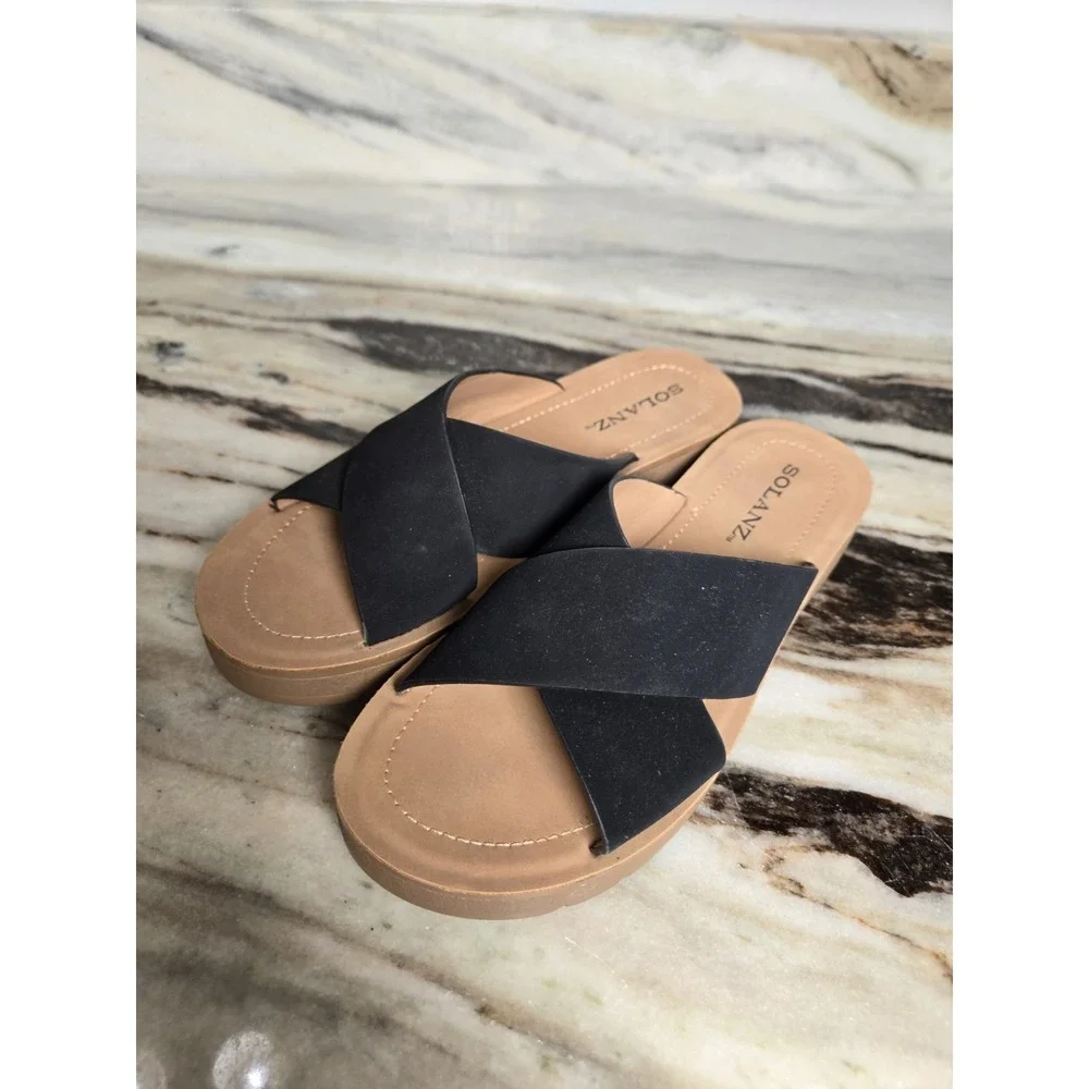 Solanz‎ Black Crisscross Strap Sandals 7